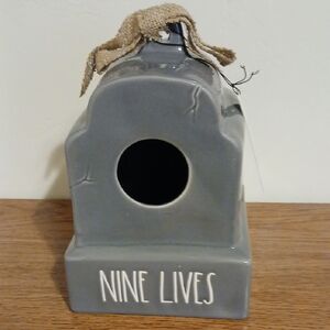 Gray Ceramic Cat House with Nine Lives Text